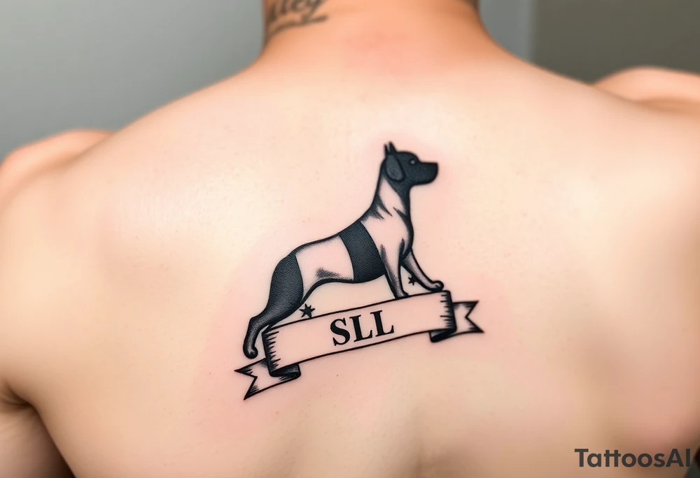 Small forearm Hunting tattoo with upland dog silhouette, Italian flag and American flag, SSL initials inside a banner, with some ducks in sky tattoo idea