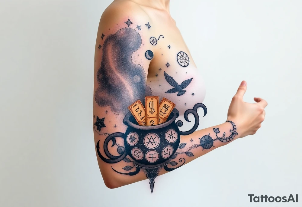 Milky way filled with zodiac symbols runes tarot cards coming out of a cauldron tattoo idea