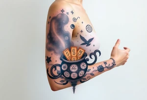 Milky way filled with zodiac symbols runes tarot cards coming out of a cauldron tattoo idea