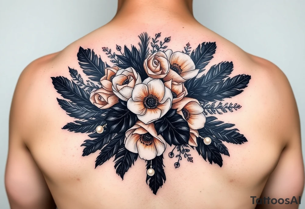 A wedding bouquet of black , cream and  rosegold flowers surrounded by black feathers as the wrapping with one single pearl along the spine of each feather tattoo idea