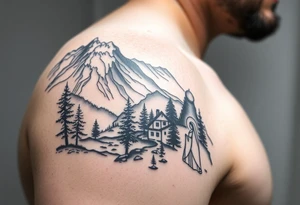 Mountainous valley with creek and a few trees with a Russian orthodox kazan scene covering my shoulder entering my upper arm with a Russian orthodox Virgin Mary tattoo idea
