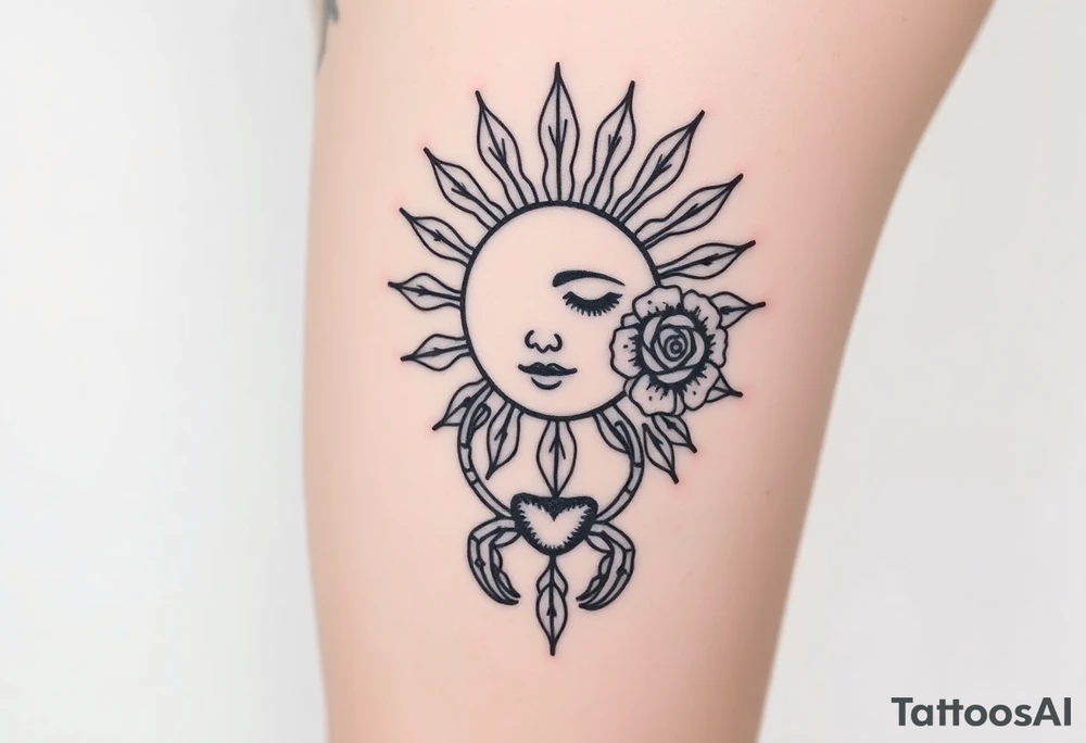 Traditional old
School sun with simple face, Sun, rose and crab old school style henna style tattoo idea