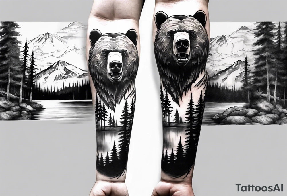 bear head right above the forest line with a lake below, full arm sleeve tattoo tattoo idea
