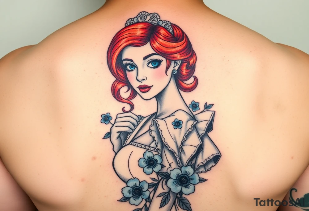 Old school Traditional pin up girl with red hair and blue eyes and wearing a milkmaid maid style dress with blue flowers tattoo idea