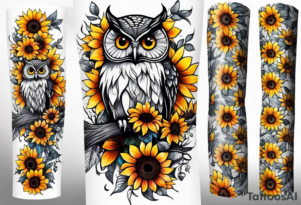 Arm sleeve with colorful sunflowers and an owl tattoo idea