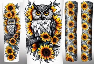 Arm sleeve with colorful sunflowers and an owl tattoo idea