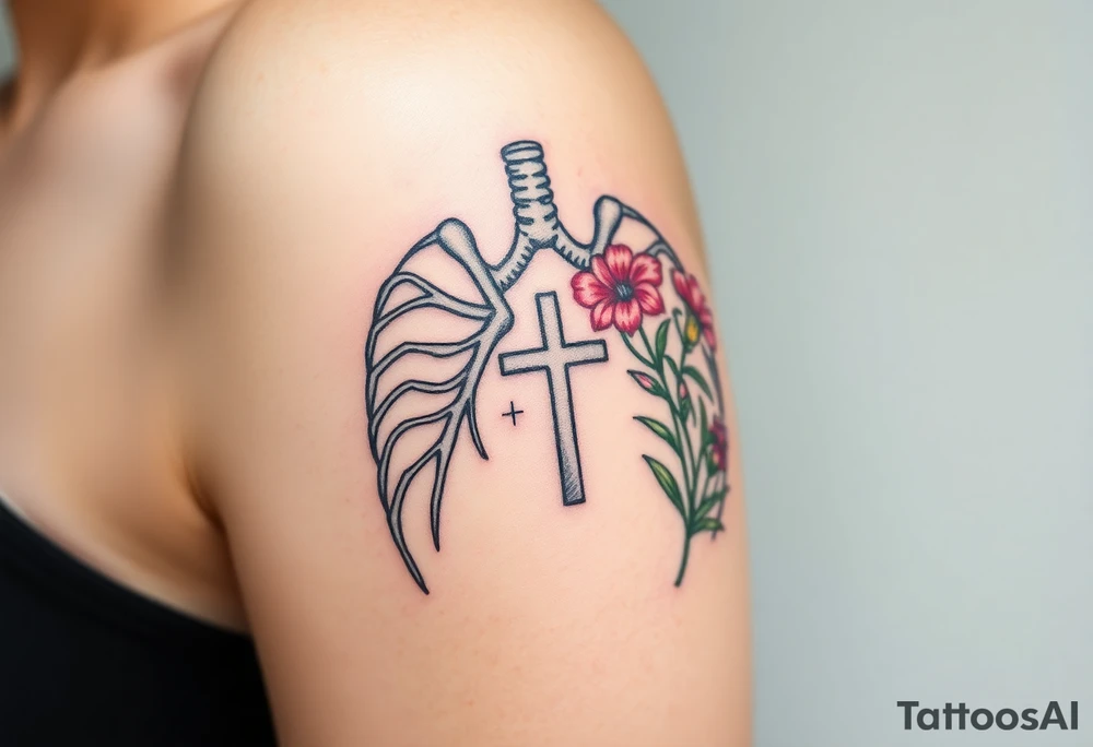 tattoo with skeleton lungs
: one side representing death and the other life. (from death to life) with a simple cross down the middle. The life side I'd like the following flowers growing out of it: Morning Glory, Lily of the Valley, Daffodil, Rose, Poppy, and Iris tattoo idea