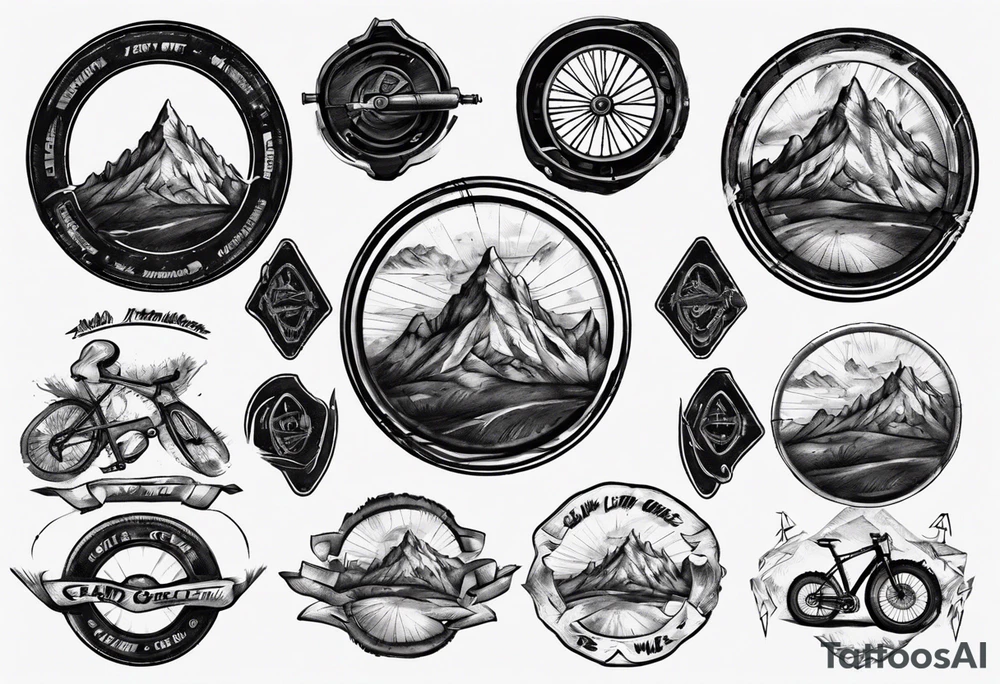 road cycle front wheel drawn as a gym plate with a mountain in the middle tattoo idea