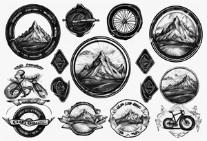 road cycle front wheel drawn as a gym plate with a mountain in the middle tattoo idea