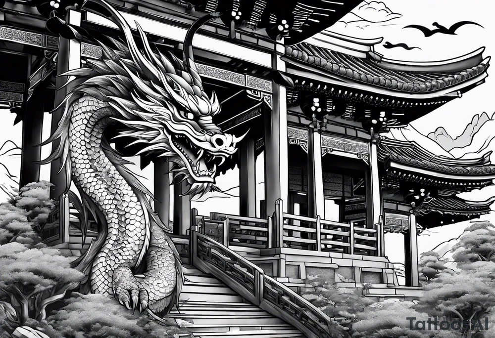 Dragón and samurai in zen circule, tori gate tattoo idea