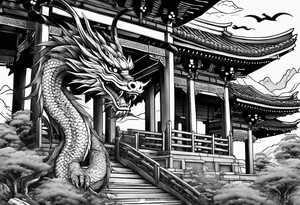 Dragón and samurai in zen circule, tori gate tattoo idea