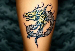 fierce dragon breathing iridescent fire against stormy skies tattoo idea