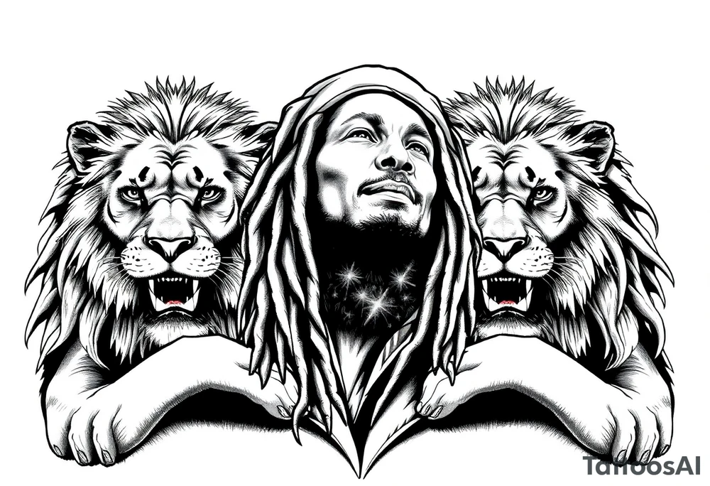 an image that represent jamaica island life with lions and bob marley tattoo idea