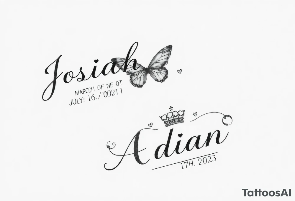 Feminine womens tatto that starts as sleeve and goes down to ankle and in tattoo the names JOSIAH in cursive written with the date July 6th 2021 in roman numerals AND NEXT TO NAME A PRINCE CROWN and butterfly's and the cancer zodiac number in between with the capricorn sing in between and hearts and the next part lower part of tatto the name ADIAN WITH THE DATE March 10th 2023 IN ROMEN NUMERALS WITH A SMALLER PRINCE CROWN THEN THE JOSIAHS CROWN AND THEN LITTLE BUTTERFLYS WITH THE PACIES ZODIAC SING IN AND THE CAPRICORN ZODIAC SIGN BOTH SMALL AND IN BETWEEN THE BUTYERFLYS AND HEARTS MAKE IT MIX TOGTHER DO THE SAME WITH THE CANCER AND CPROCORN SIGN ABOVE tattoo idea