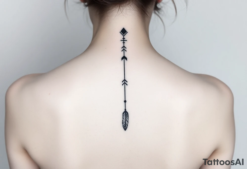Thin spinal tattoo following down the spine in a native ornament style with 3 vertical different lengths flowing lines made of a discreet connection of morse code ".--- .- --.     .-.. ... -.- .- .-.   -.. .. --.     .-.. .. .-.. .-.. . -... .-. --- .-. forming 3 arrow shapes connected to 3 flowing feathers hanging from the end of the morse code lines tattoo idea