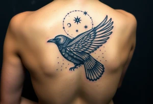 Raven with starry sky background with zodiac constellations in it with runes in sky tattoo idea