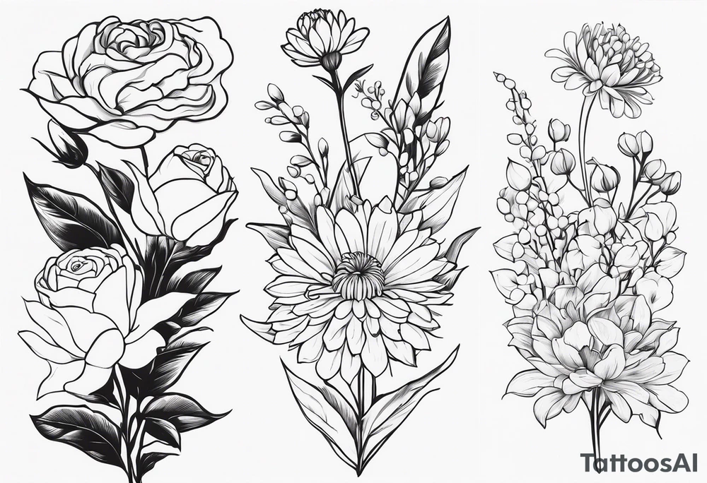Asters, roses, lily of the valley, and chrysanthemums in a long line tattoo idea