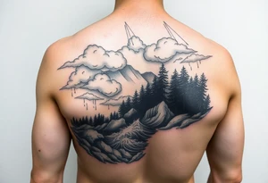 powerful ocean and forrest with rainy clouds with lighting sleeve for arm tattoo idea