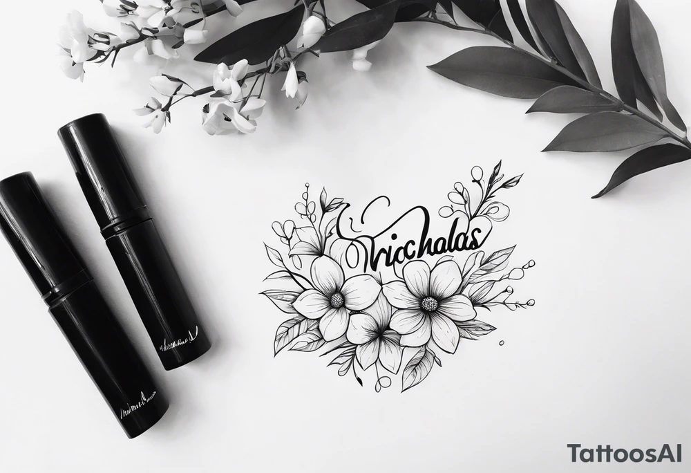 Nicholas written in cursive up and down
 with flowers tattoo idea