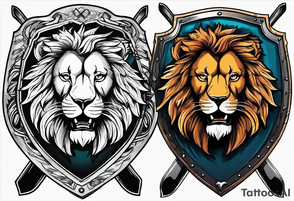 Epic shield with skis crossed behind it and a lion tattoo idea