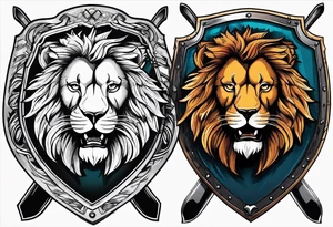 Epic shield with skis crossed behind it and a lion tattoo idea