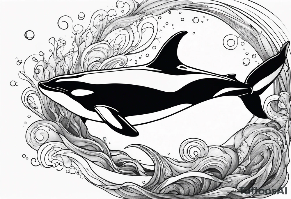 transient orca, Japanese realism, simplistic, shaded high contrast, flowing, kelp highlights tattoo idea