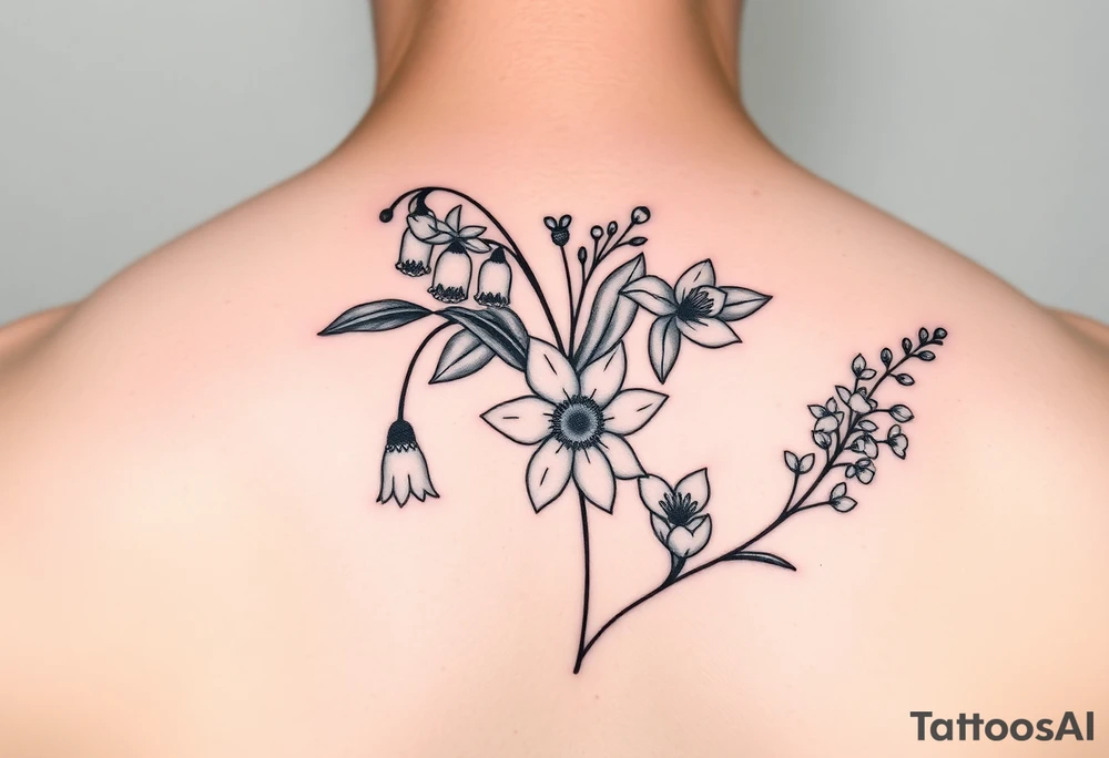 Minimalist design in black bunch of flowers 1 lily of the valley 1 daffodil 1 holly 1 larkspur tattoo idea