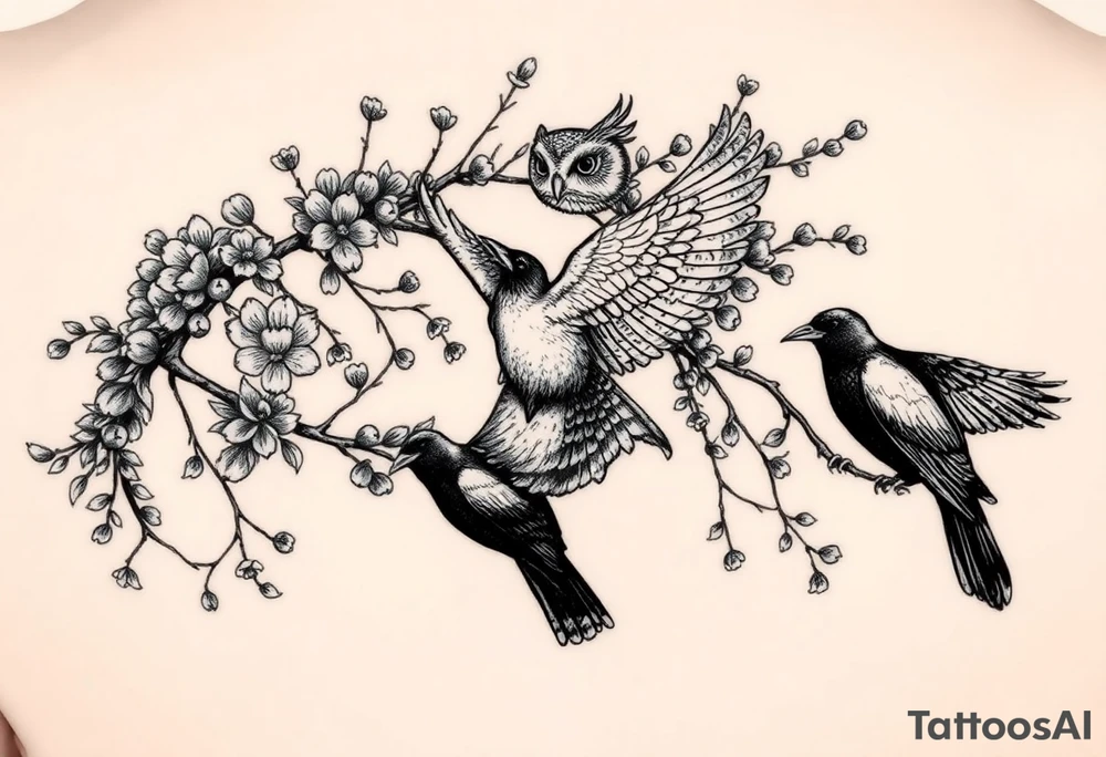 a fineline rowan tree branch with berries and florals. The florals should be large and the branches should have berries. add an owl in flight, plus two other large birds (magpies) that are entwined in the branches tattoo idea