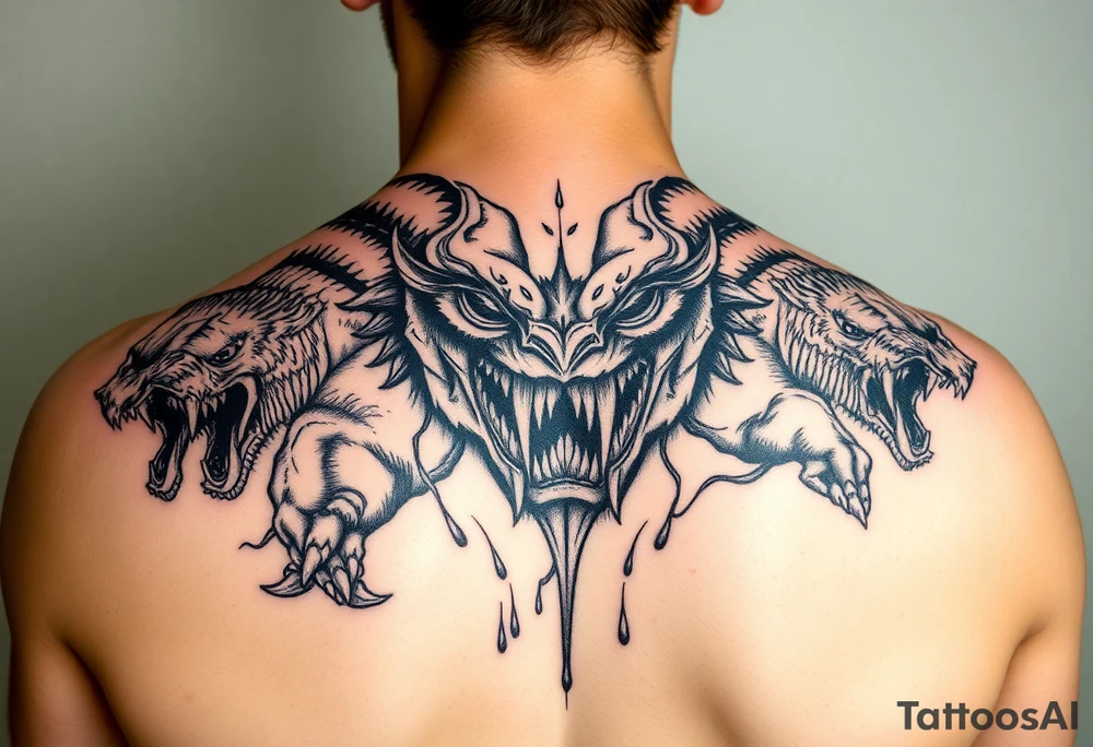 powerful majestic giant with a alien eyes and teeth like a sabertooth with horns like surrounded by vicious animals but not from earth and maybe needs some blood tattoo idea