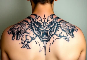 powerful majestic giant with a alien eyes and teeth like a sabertooth with horns like surrounded by vicious animals but not from earth and maybe needs some blood tattoo idea