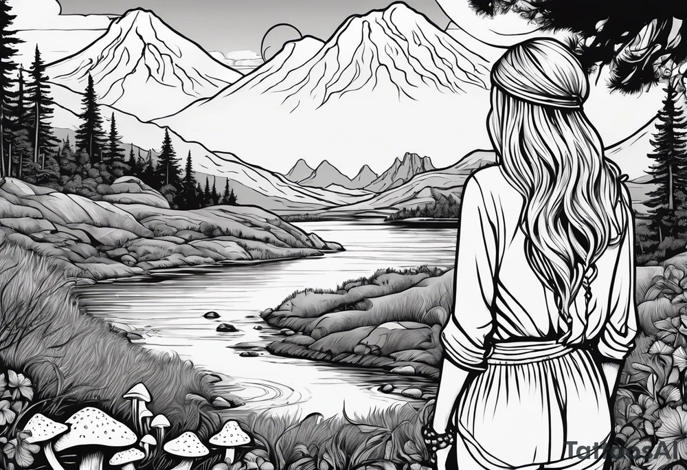 Whole picture encircled fully

Straight long blonde hair hippie girl in distance holding mushrooms in hand facing away toward mountains and creek surrounded by mushrooms long sleeve shirt and hiking pants; whole rendering within a full circle, no cut off circle tattoo idea