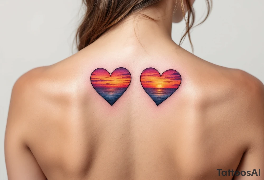 Hearts shaded with a sunset gradient of orange, pink, and purple across each partner shoulder blades. tattoo idea