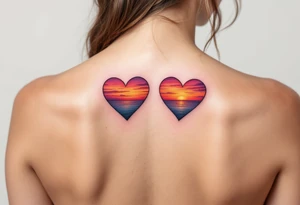 Hearts shaded with a sunset gradient of orange, pink, and purple across each partner shoulder blades. tattoo idea