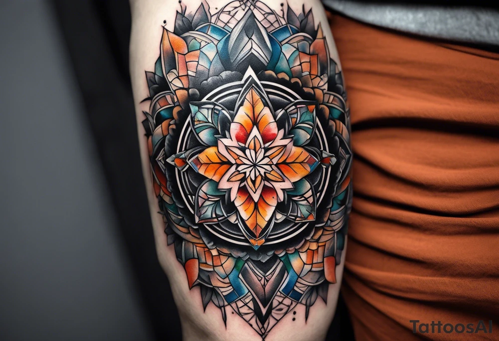 front knee tattoo with sacred geometry, swirls & washes, background and in fall colors tattoo idea