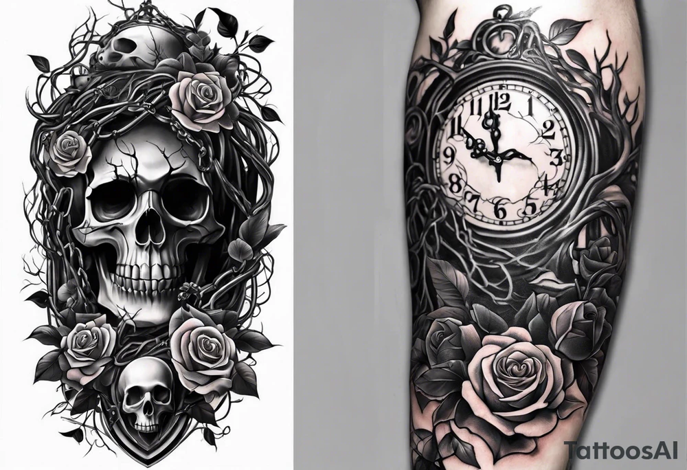 tattoo fool sleeve, tree roots break out of the chains, broken mask, clock with flying numbers, girl, skull, roses tattoo idea