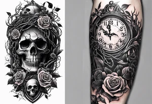 tattoo fool sleeve, tree roots break out of the chains, broken mask, clock with flying numbers, girl, skull, roses tattoo idea