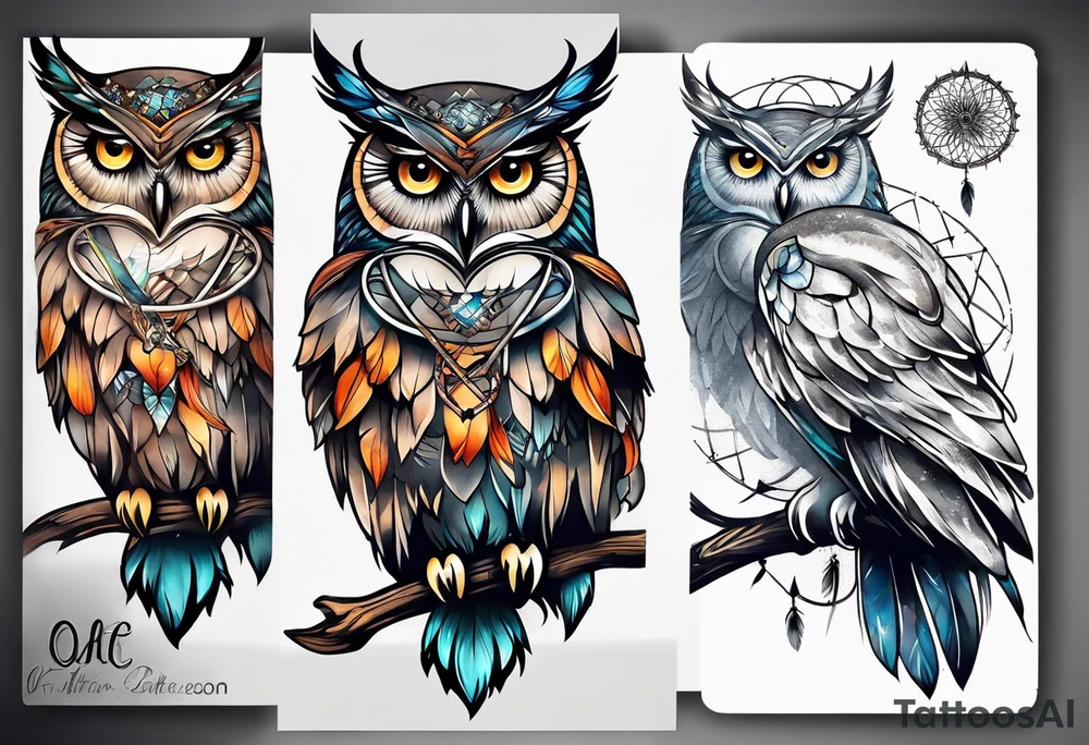 Owl and dreamcatcher back of calf sleeve tattoo idea