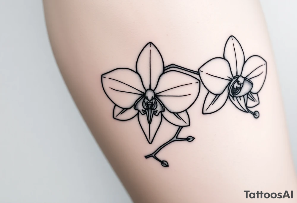 Draw of three fine line orchids different size realistic, the central part resembles a vagina. Are connected with branches tattoo idea