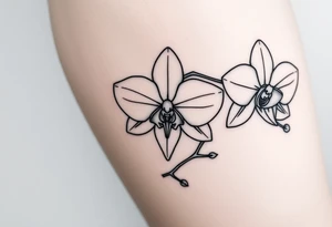 Draw of three fine line orchids different size realistic, the central part resembles a vagina. Are connected with branches tattoo idea