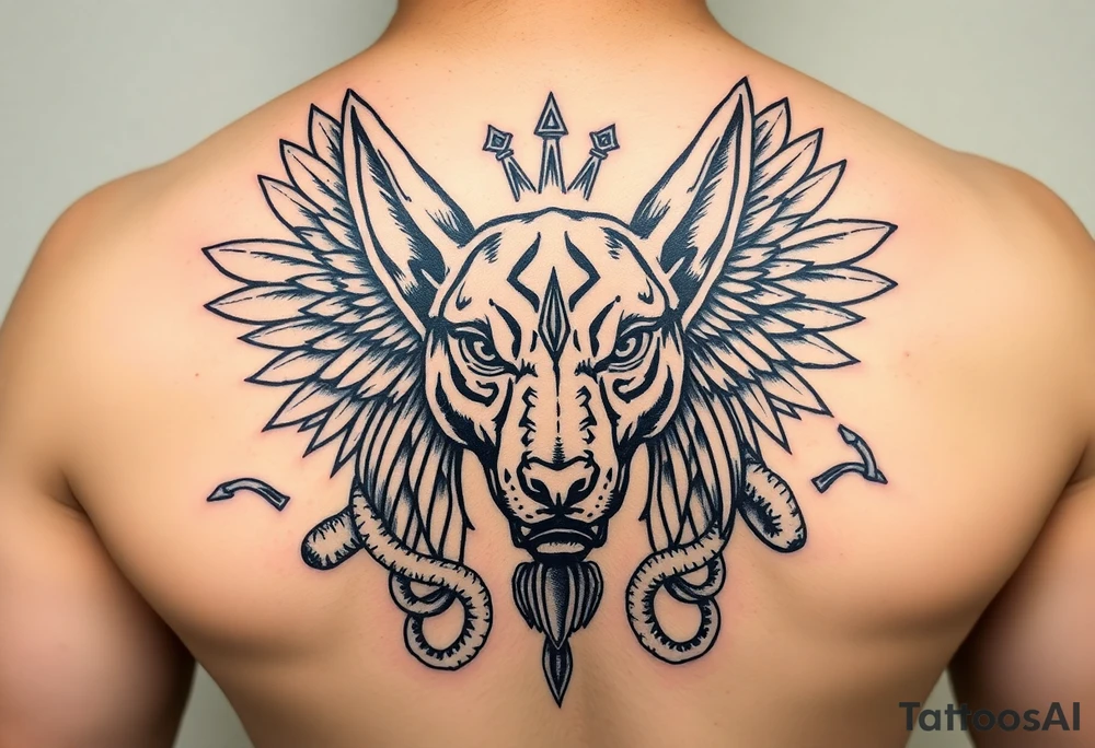 Egyptian Anubis god face muscle in Egypt style dog face surrounded Egyptian symbols and snakes tattoo idea