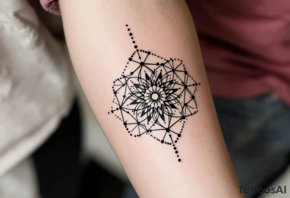 simple, fine-line tattoo, sacred geometry mandala, centerpiece design, dotwork patterns, radiating geometry, symmetrical mandala, geometric shapes, intricate dotwork, sacred patterns, mandala center, geometric radiating, fine line work, black grey shading, minimalist design, no outlines, arm placement, delicate linework, precise geometry, clean symmetry, sacred symbols, geometric precision, dotwork details, mandala focal point, refined patterns, understated complexity, geometric harmony tattoo idea