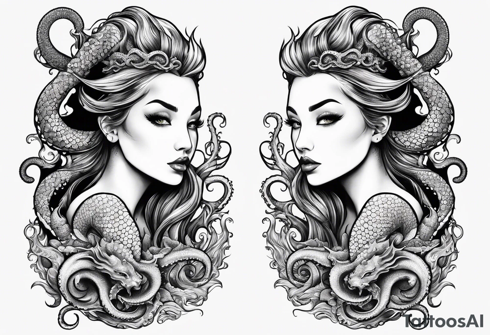 Evil mermaid holding trident with seahorse and octopus tentacles tattoo idea