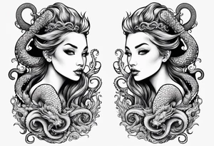 Evil mermaid holding trident with seahorse and octopus tentacles tattoo idea