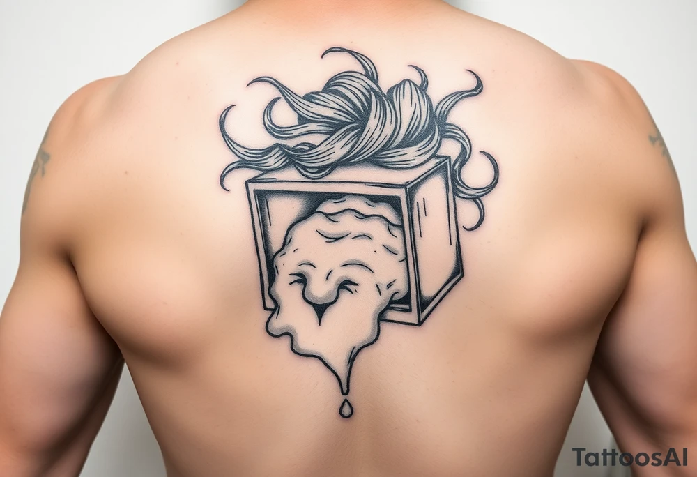 A melting lunchbox with long flowing hair tattoo idea