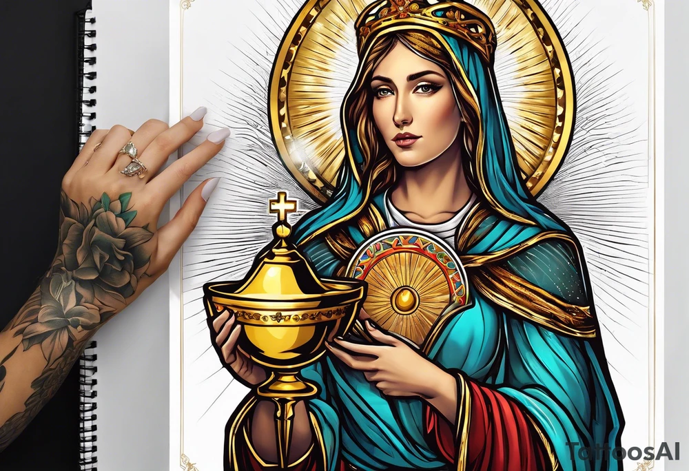 holy saint woman with golden halo holding a chalice tattoo idea
