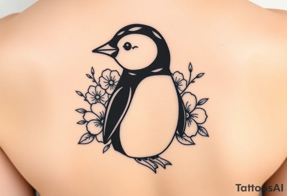 Cute penguin with flowers in the background tattoo idea