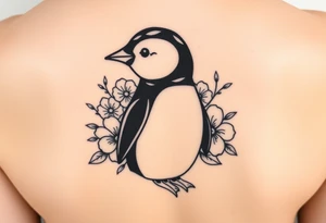 Cute penguin with flowers in the background tattoo idea