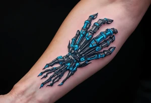 A mechanical part of forearm revealing graphite-colored artificial tendons under realistic shaded skin, accented with electric-blue joints. tattoo idea