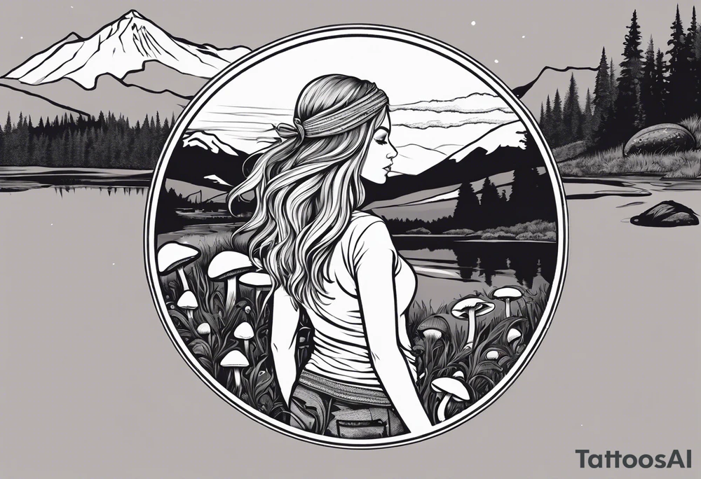 Straight long blonde hair hippie girl in distance holding mushrooms in hand facing away toward mountains and creek surrounded by mushrooms tee shirt and hiking pants; whole rendering within a full circle, no cut off circle tattoo idea