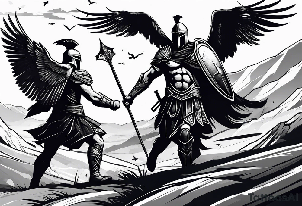 2 Spartans walking in a battlefield with ravens in the background tattoo idea